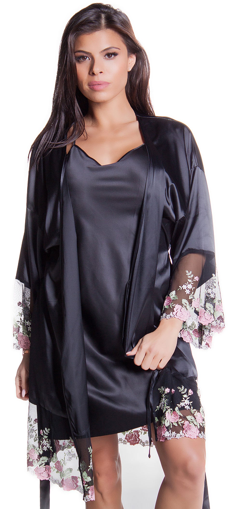 Women's Matte Satin Short wrap Lace Robe #3091