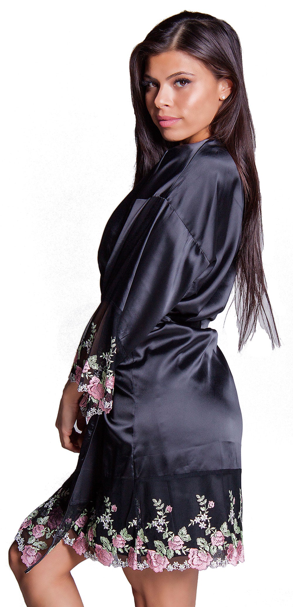 Women's Matte Satin Short wrap Lace Robe #3091