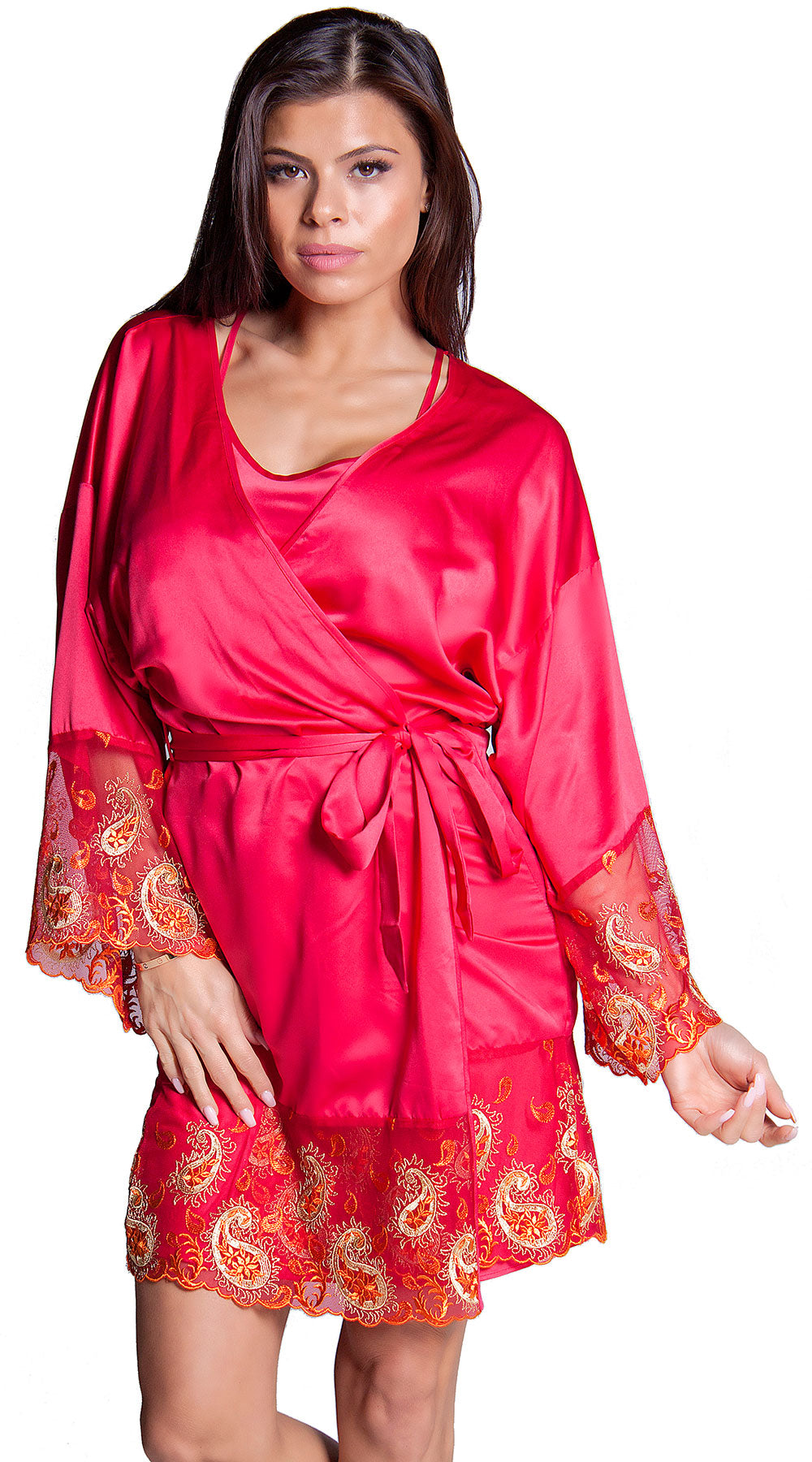 Women's Matte Satin Short wrap Lace Robe #3091