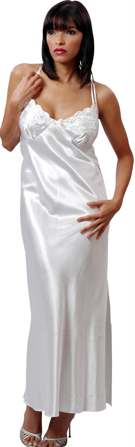 Women's Silky Bridal Strappy Back Nightgown With Embroidery #6056